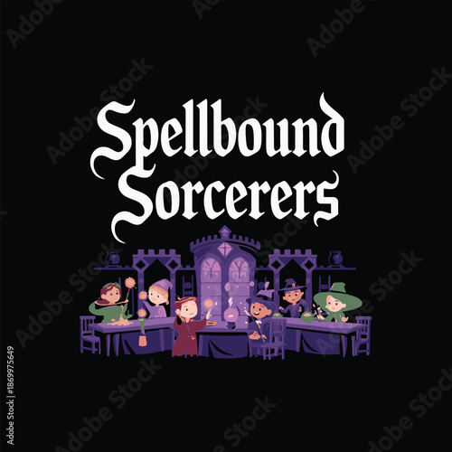 Children witches learning magic in wizard school, whimsical illustration with text "Spellbound Sorcerers