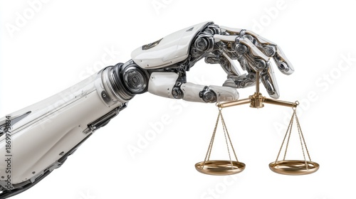 A robot hand grips a set of balance scales. This scene shows the intersection of technology and law. The balance symbolizes fairness while highlighting advanced robotics in today's world.