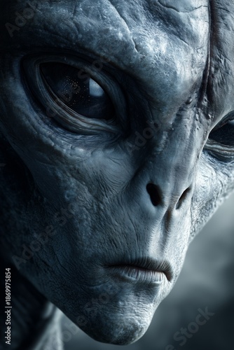 Close-up view of an alien being with large eyes and gray skin in a dark setting during a science fiction scene