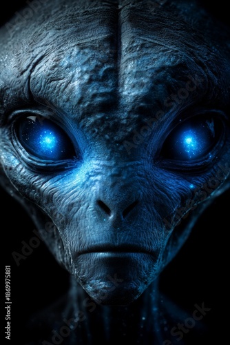 Close view of an alien face with large eyes and detailed skin texture against a dark background