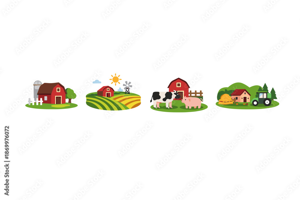Obraz premium Charming cartoon farm scenes with barns, fields, animals, and a tractor