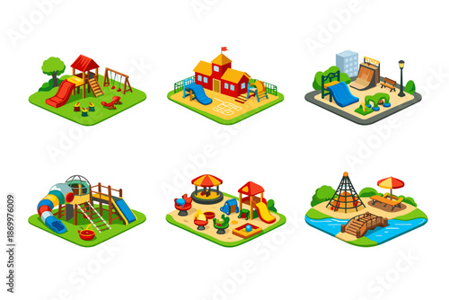 Collection of diverse isometric playground scenes with various play structures and activities