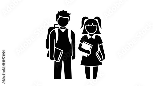 Simple black and white illustration of a boy and girl students with books and backpacks.