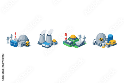 Isometric nuclear power plant icons with cooling towers and reactors