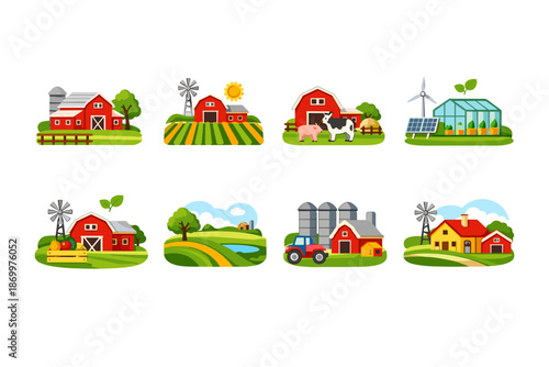 Collection of charming cartoon farm scenes with barns, animals, and windmills