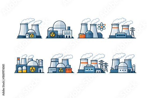 Collection of stylized nuclear power plant icons with cooling towers and atomic symbols