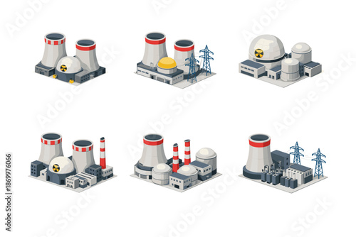 Set of isometric nuclear power plant icons with cooling towers and reactors
