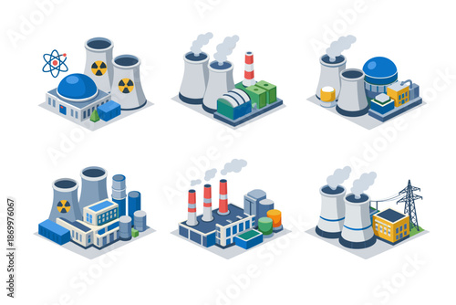 Isometric nuclear power plants and industrial factories with cooling towers and smokestacks