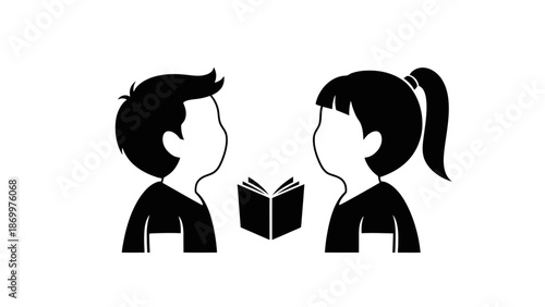 Two people reading a book together in simple illustration.