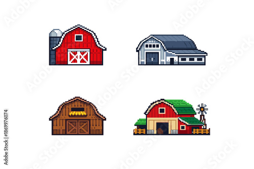 Pixel art collection of four different farm buildings with distinct architectural styles