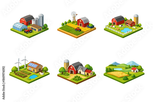 Collection of isometric farm scenes with barns, tractors, crops, and livestock
