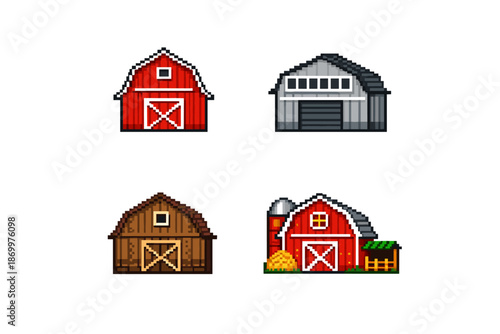 Pixel art collection of four different farm barns and agricultural buildings