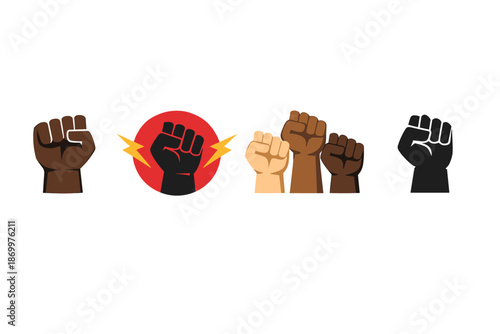 Diverse raised fists symbolizing unity, power, and social justice movements