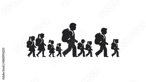 Family members walking together with backpacks and luggage.