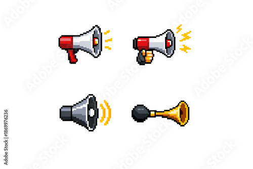 Pixel art collection of megaphones and a horn, representing sound and communication