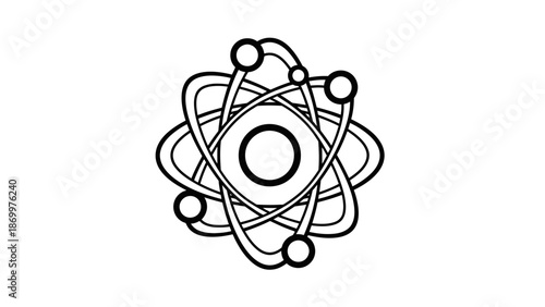 Simple black and white atom icon with orbiting electrons.
