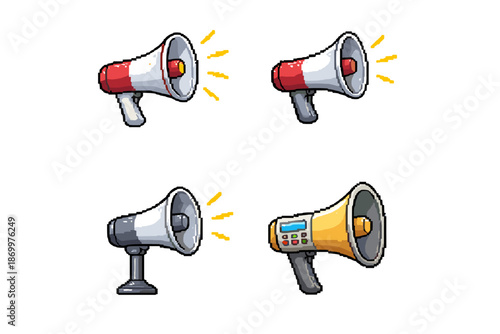Collection of four pixel art megaphones with sound waves, representing different communication styles