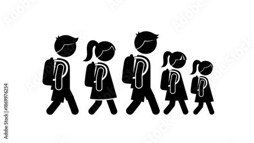 Family of five walking together with backpacks in a simple illustration.