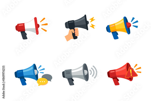 Collection of colorful cartoon megaphones announcing important messages and alerts