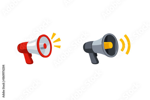Two megaphones, one red and white, the other gray and black, emit sound waves