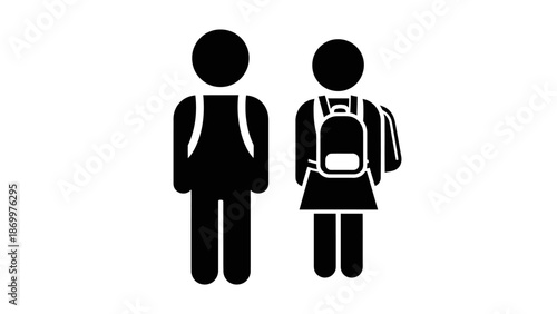 Simple black and white illustration of a man and woman with backpacks.