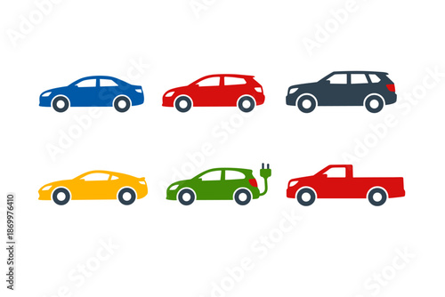 Collection of diverse car icons in various colors and styles on a white background