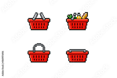 Pixel art shopping baskets collection, various styles and contents for retail design