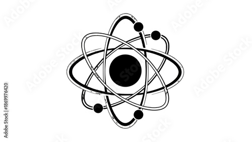Simple black and white atom icon with orbiting electrons.