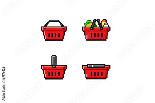 Pixel art shopping baskets in various states of fullness and orientation