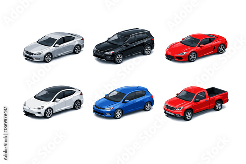 Collection of diverse modern vehicles shown from an isometric perspective on white background