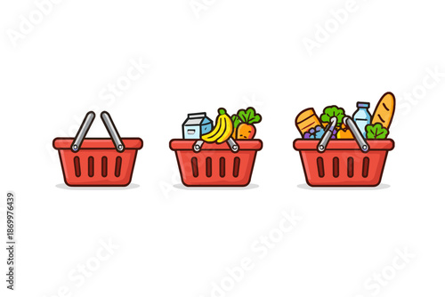 Three red shopping baskets showing progression from empty to full with groceries