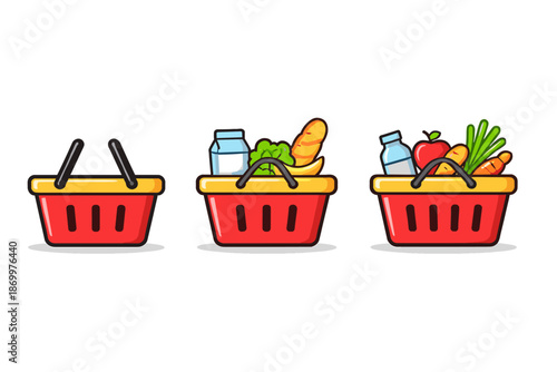 Three red shopping baskets showing progression from empty to full with groceries