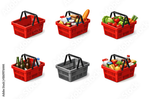 Collection of six shopping baskets, some filled with groceries, some empty