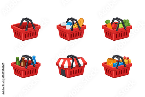 Collection of six red shopping baskets with various items and designs