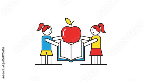 Two girls holding an open book with a red apple on top.