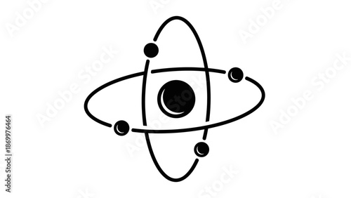 Simple black and white illustration of an atom model.