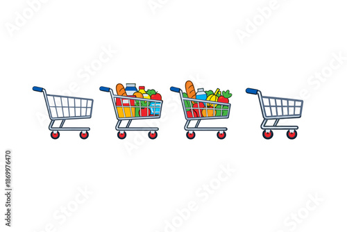 Four shopping carts, two filled with groceries and two empty, arranged in a row