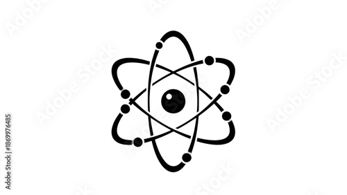 Simple black and white illustration of an atom symbol.