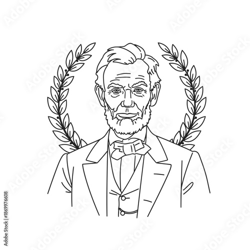 Iconic Line Art Portrait of Abraham Lincoln with Laurel Wreath Symbolizing Victory and Achievement