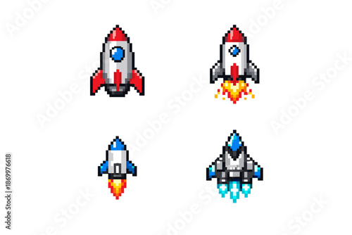 Collection of pixel art rockets and spaceships launching into space with fiery exhaust