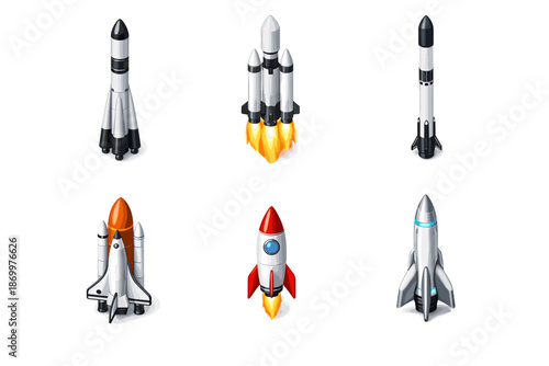 Collection of six different rocket and spacecraft illustrations in isometric view