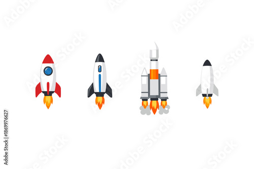 Collection of four different rockets launching with fiery exhaust plumes against a white background