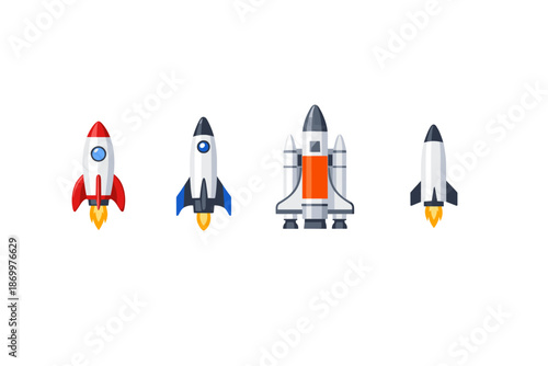 Collection of four different rockets and spacecraft launching into space