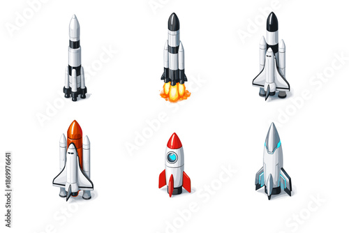 Collection of six different rocket and spacecraft illustrations on a white background