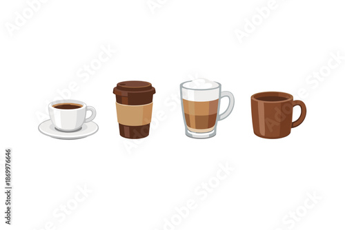 Collection of four distinct coffee drinks in various cups and mugs