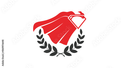 Red cape flying logo with laurel wreath