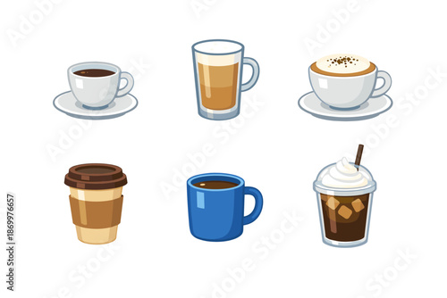 Collection of six different coffee drinks in various cups and glasses