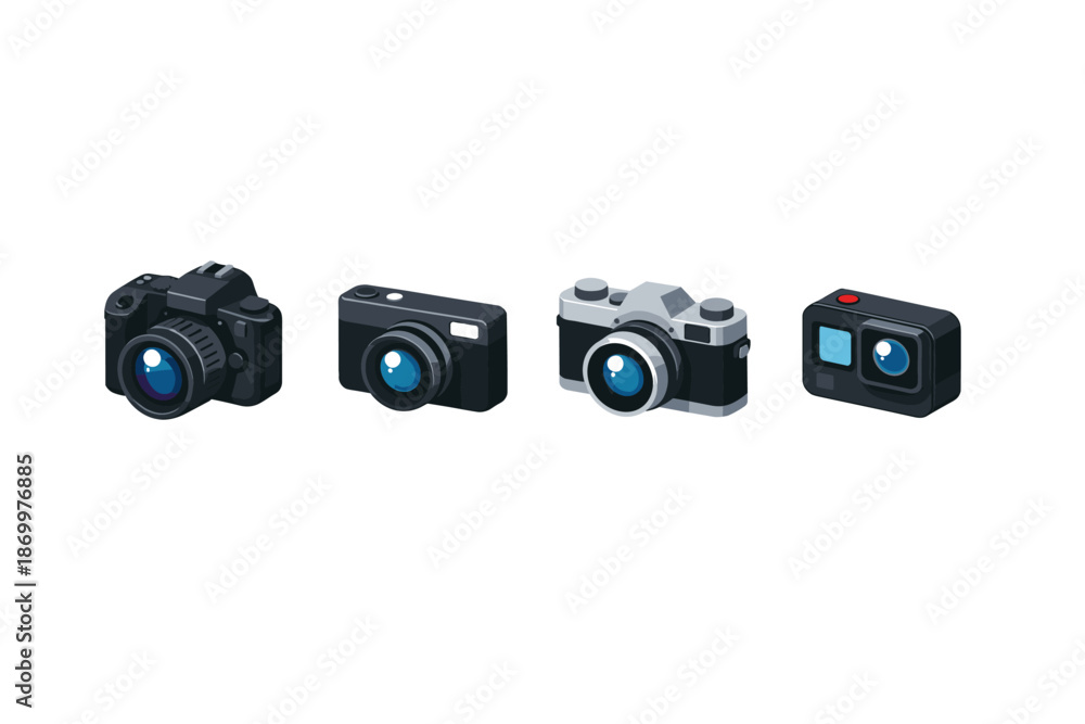 Fototapeta premium Collection of four distinct camera icons, from DSLR to action cam
