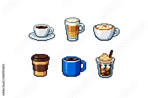 Pixel art collection of six different coffee drinks in various cups and mugs