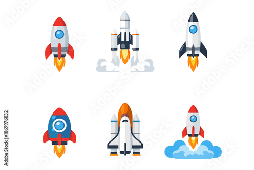 Collection of six colorful cartoon rockets and space shuttles launching into the sky